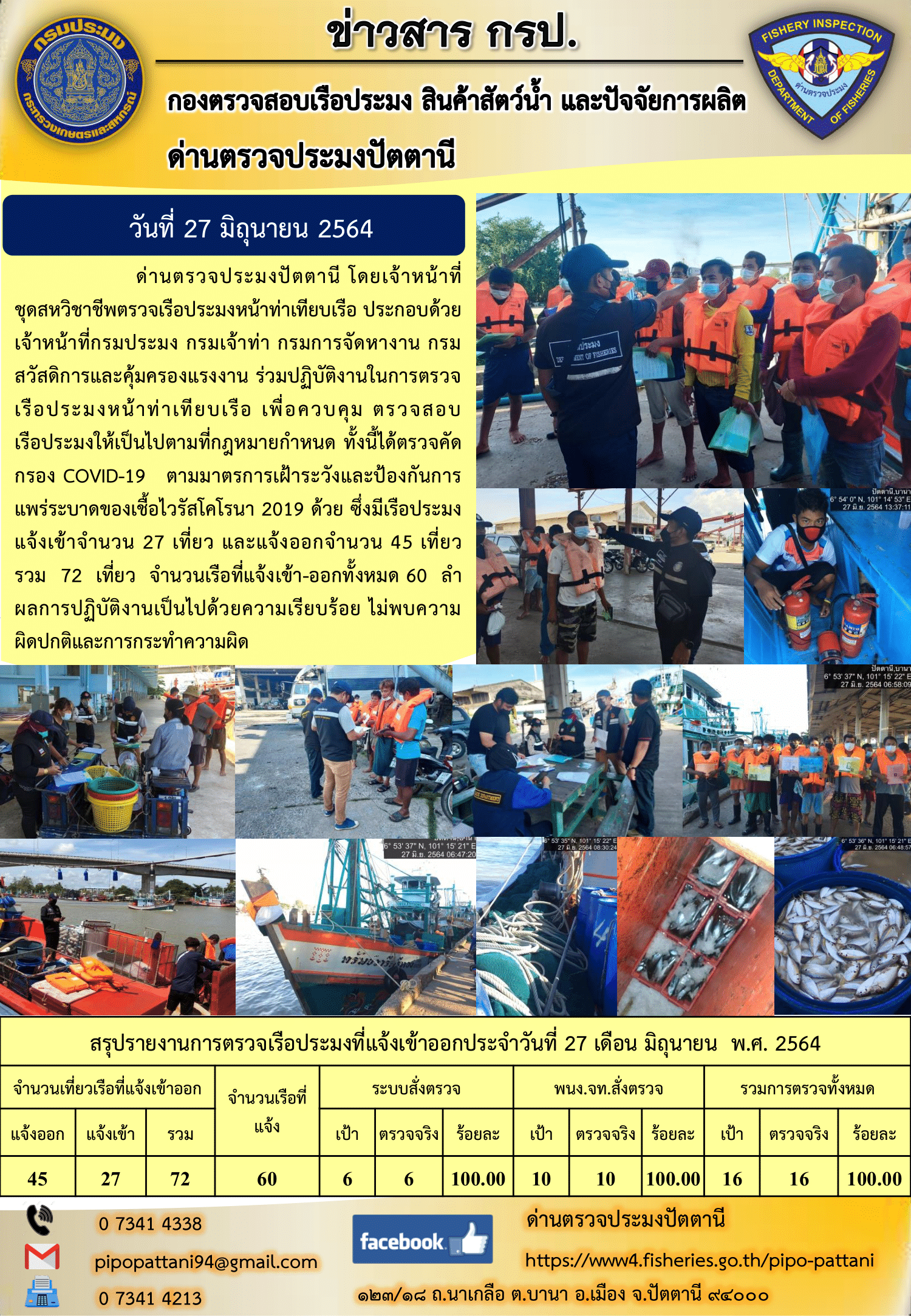 ข่าวสารการปฏิบัติงาน ด่านตรวจประมงปัตตานี 27 มิ.ย. 64..คลิก