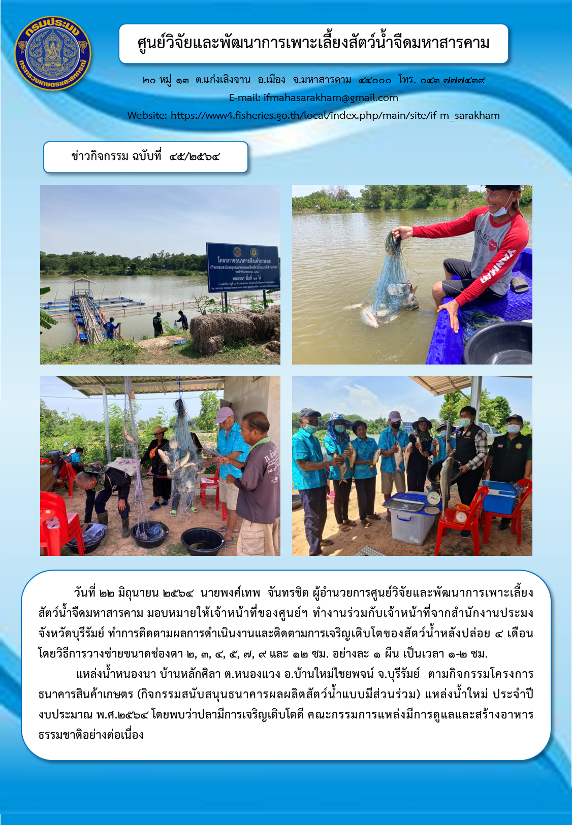 ติดตามผลการดำเนินงานและติดตามการเจริญเติบโตของสัตว์น้ำหลังปล่อย ๔ เดือน หนองนา บ้านหลักศิลา ต.หนองแวง อ.บ้านใหม่ไชยพจน์ จ.บุรีรัมย์  ตามกิจกรรมโครงการธนาคารสินค้าเกษตร (กิจกรรมสนับสนุนธนาคารผลผลิตสัตว์น้ำแบบมีส่วนร่วม)..คลิก