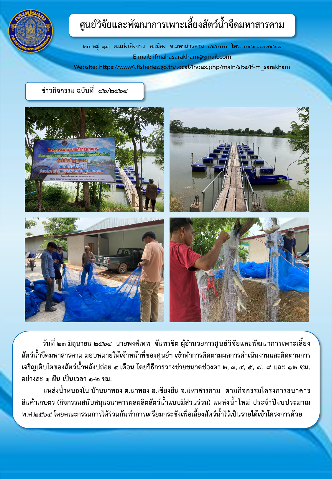 ติดตามผลการดำเนินงานและติดตามการเจริญเติบโตของสัตว์น้ำหลังปล่อย ๔ เดือน  หนองโน บ้านนาทอง ต.นาทอง อ.เชียงยืน จ.มหาสารคาม  ตามกิจกรรมโครงการธนาคารสินค้าเกษตร (กิจกรรมสนับสนุนธนาคารผลผลิตสัตว์น้ำแบบมีส่วนร่วม)..คลิก