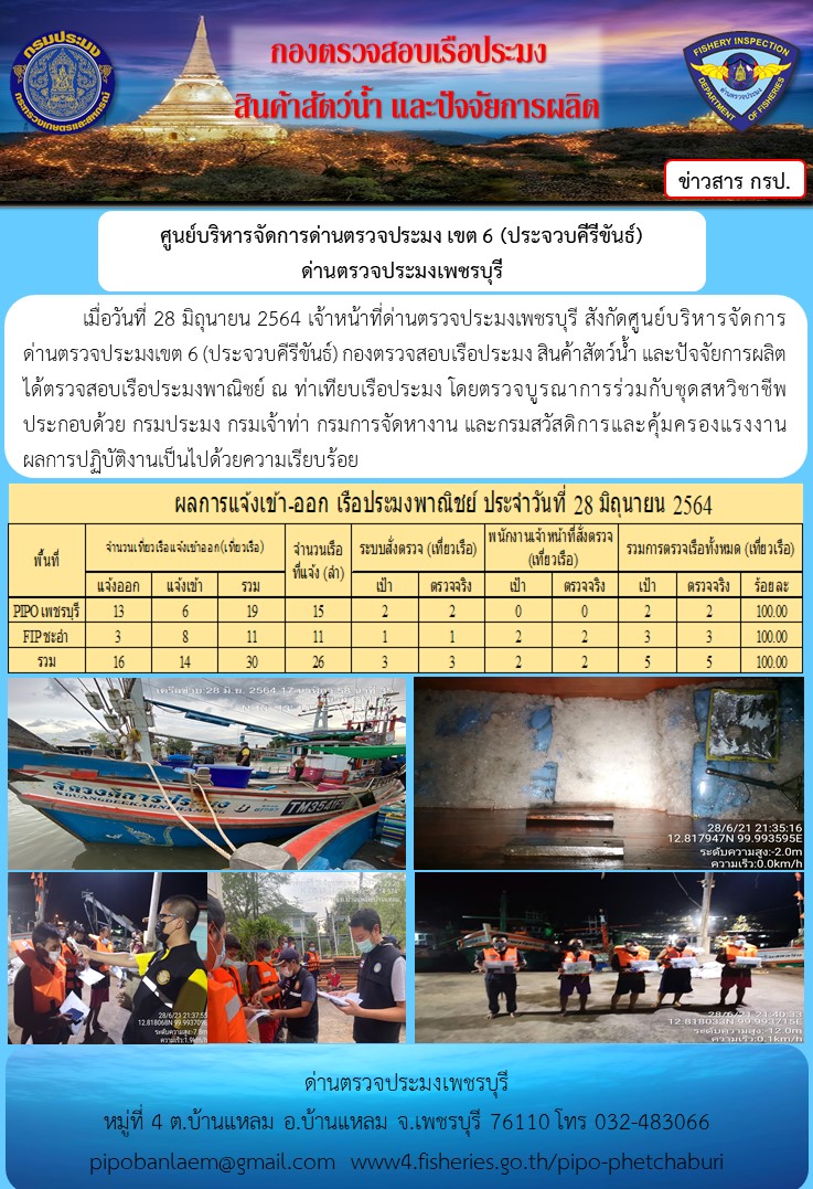 ข่าวประชาสัมพันธ์ ด่านตรวจประมงเพชรบุรี สถิติเรือที่แจ้งเข้า - ออก ประจำวันที่ 28 มิ.ย. 2564..คลิก