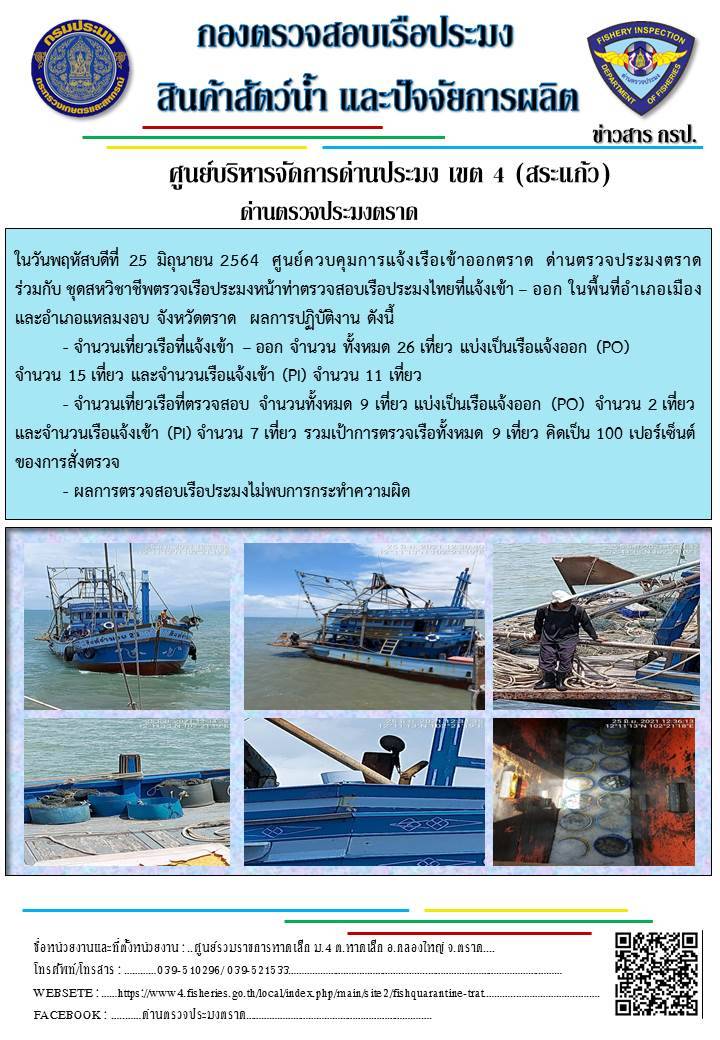วันที่ 25 มิถุนายน 2564 ด่านตรวจประมงตราด  ตรวจสอบการนำเข้า – ส่งออกสินค้าสัตว์น้ำ ณ จุดผ่านแดนถาวรบ้านหาดเล็ก ตรวจสอบการส่งออกผลิตภัณฑ์สัตว์น้ำ ณ ท่าเทียบเรือ ส.กฤตรวัณ ตรวจสอบเรือประมงต่างประเทศ จุด choke point ท่าเทียบเรือกัลปังหา อำเภอคลองใหญ่ จังหวัดตราด และ ตรวจสอบเรือประมงไทย ที่แจ้งเข้า - ออกผ่านระบบ Fishing info2 ร่วมกับชุดสหวิชาชีพ กรมเจ้าท่า กรมจัดหางาน กรมสวัสดิการ และคุ้มครองแผนงาน และล่ามภาษากัมพูชา เขตพื้นที่อำเภอคลองใหญ่ อำเภอเมืองและอำเภอแหลมงอบ จังหวัดตราด..คลิก