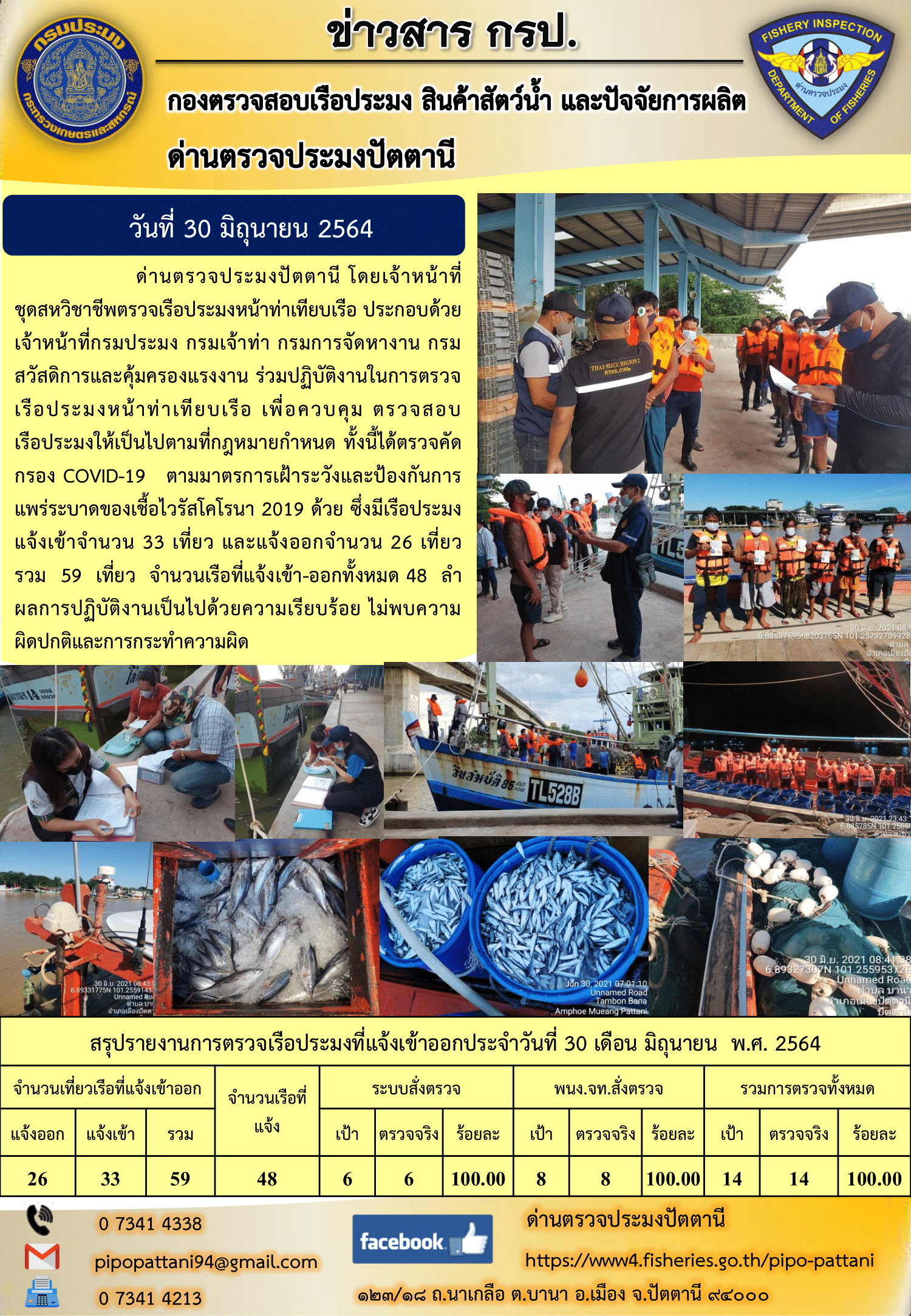 ข่าวสารการปฏิบัติงาน ด่านตรวจประมงปัตตานี 30 มิ.ย. 64..คลิก