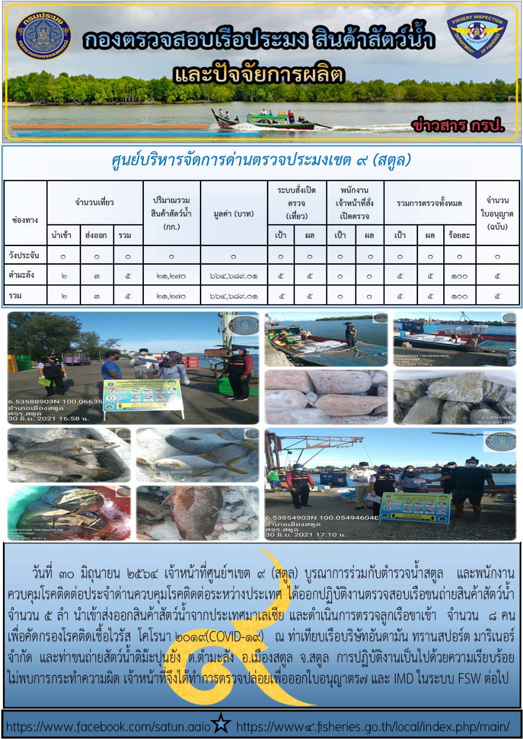 ประชาสัมพันธ์การปฏิบัติงานศูนย์บริหารจัดการด่านตรวจประมงเขต 9 (สตูล) ประจำวันที่ 26-30 มิถุนายน 2564..คลิก