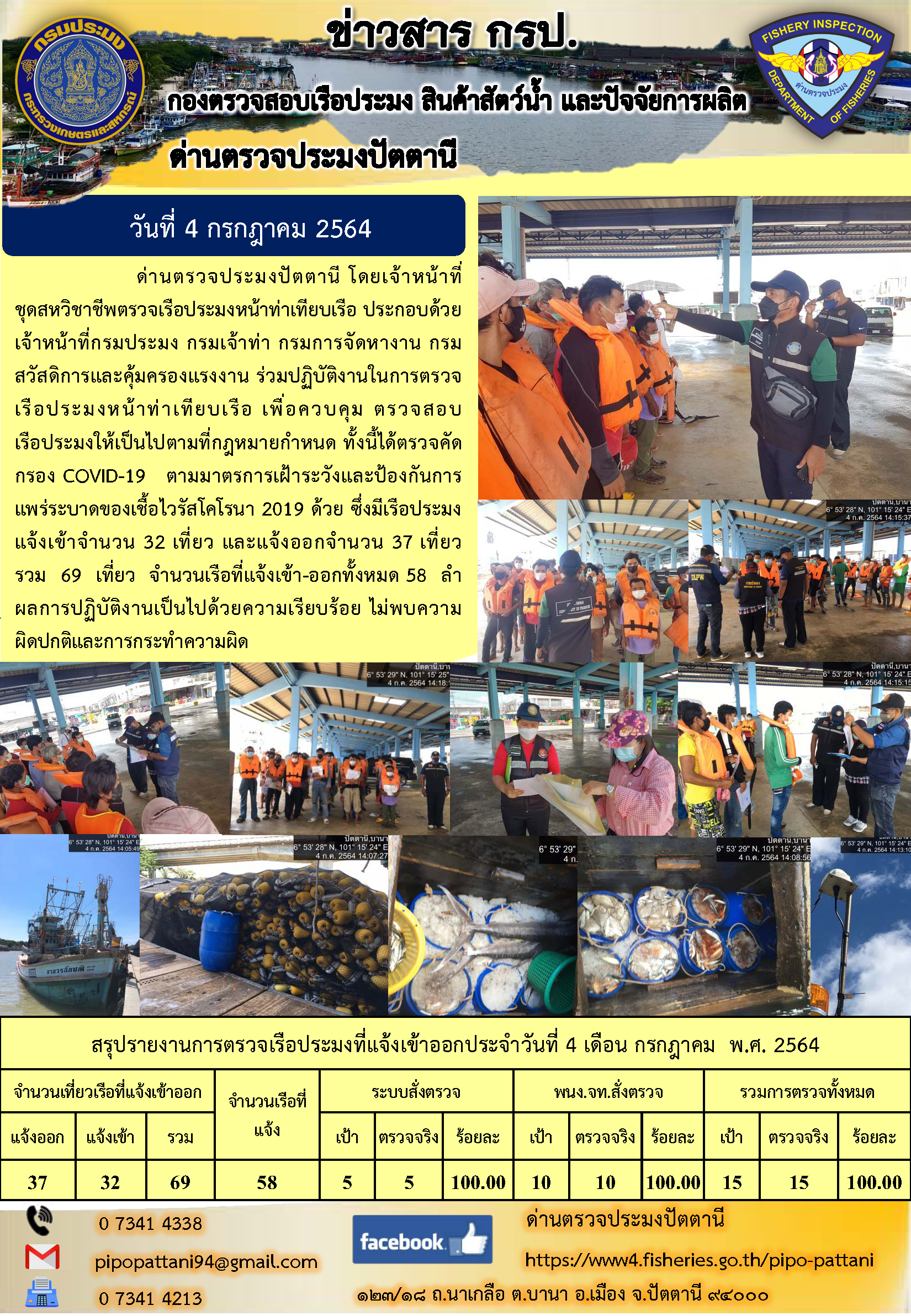 ข่าวสารการปฏิบัติงาน ด่านตรวจประมงปัตตานี 4 ก.ค. 64..คลิก