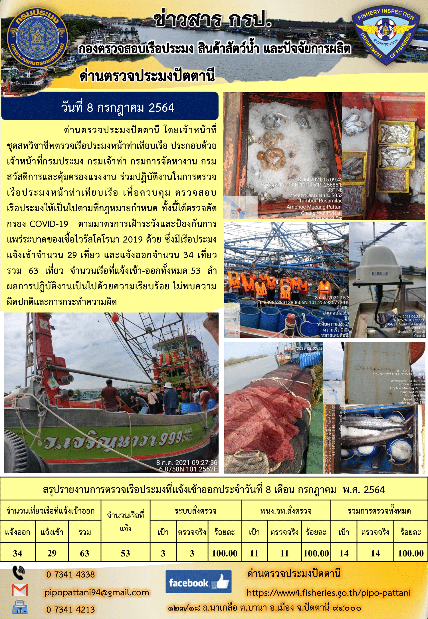 ข่าวสารการปฏิบัติงาน ด่านตรวจประมงปัตตานี 8 ก.ค. 64