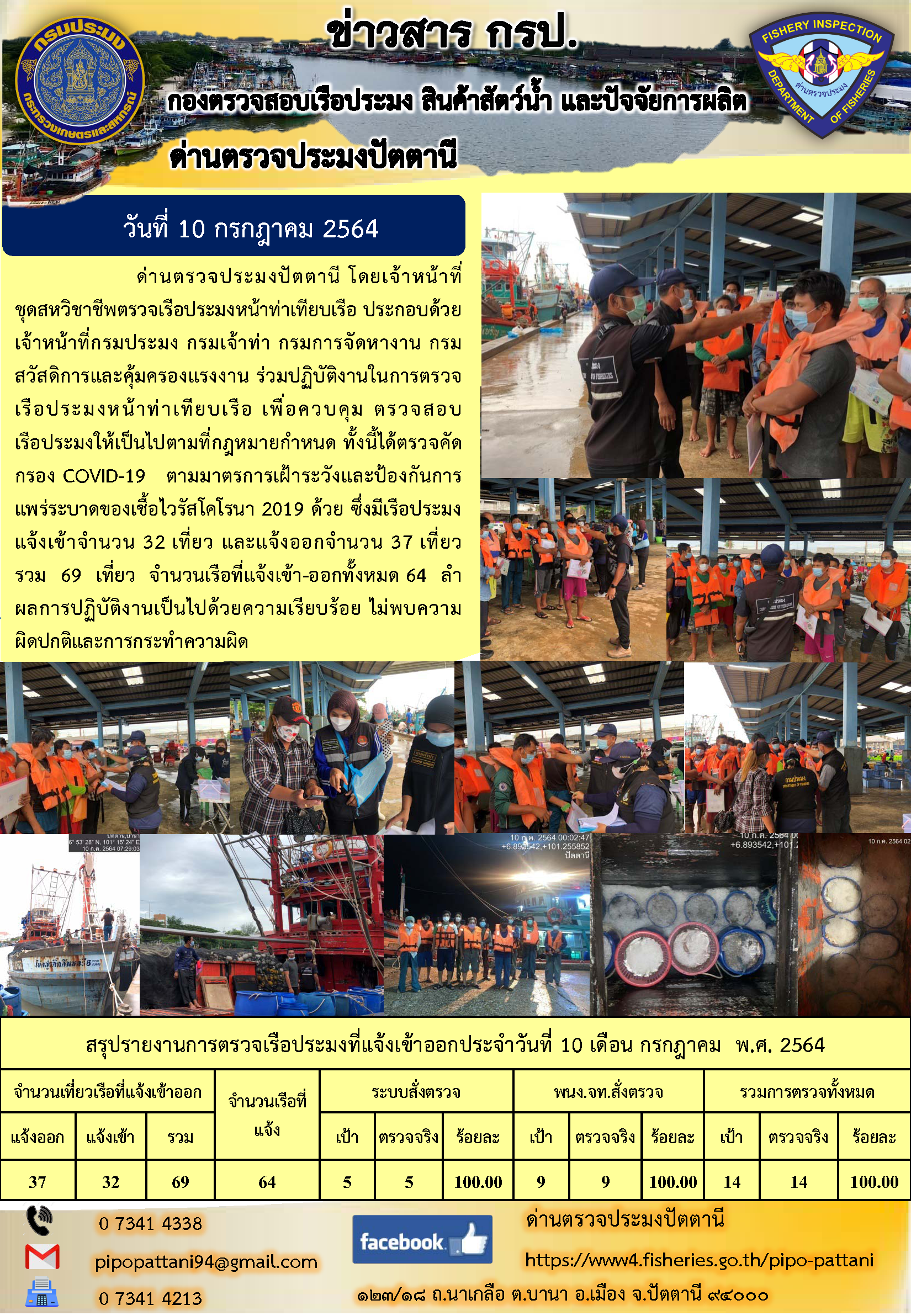 ข่าวสารการปฏิบัติงาน ด่านตรวจประมงปัตตานี 10 ก.ค. 64..คลิก