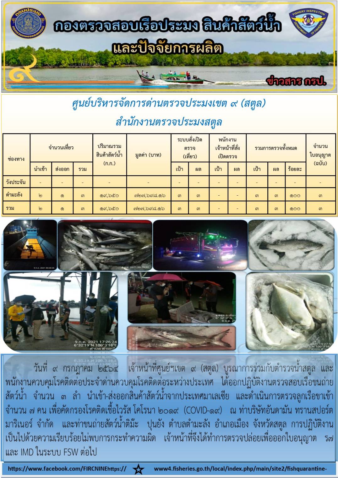ประชาสัมพันธ์การปฏิบัติงานศูนย์บริหารจัดการด่านตรวจประมงเขต 9(สตูล) ประจำวันที่ 6-10 กรกฎาคม 2564..คลิก