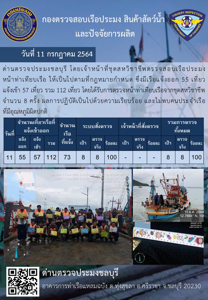 การปฏิบัติงานของเจ้าหน้าที่ด่านตรวจประมงชลบุรีประจำวันที่ 11 กรกฏาคม 2564..คลิก