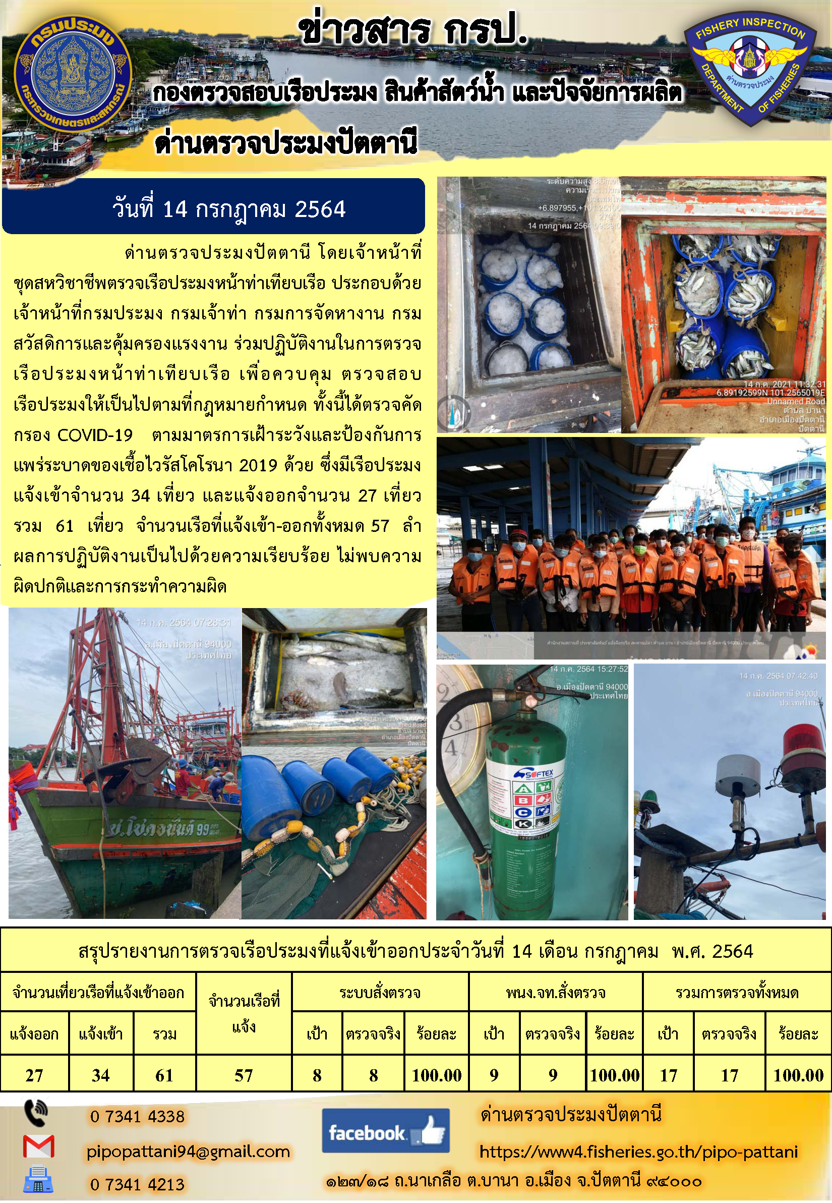 ข่าวสารการปฏิบัติงาน ด่านตรวจประมงปัตตานี 14 ก.ค.64..คลิก
