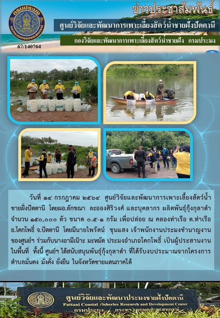 กิจกรรมปล่อยพันธุ์กุ้งกุลาดำ จำนวน 150,000 ตัว บริเวณคลองท่าเรือ อ.โคกโพธิ์ จ.ปัตตานี..คลิก
