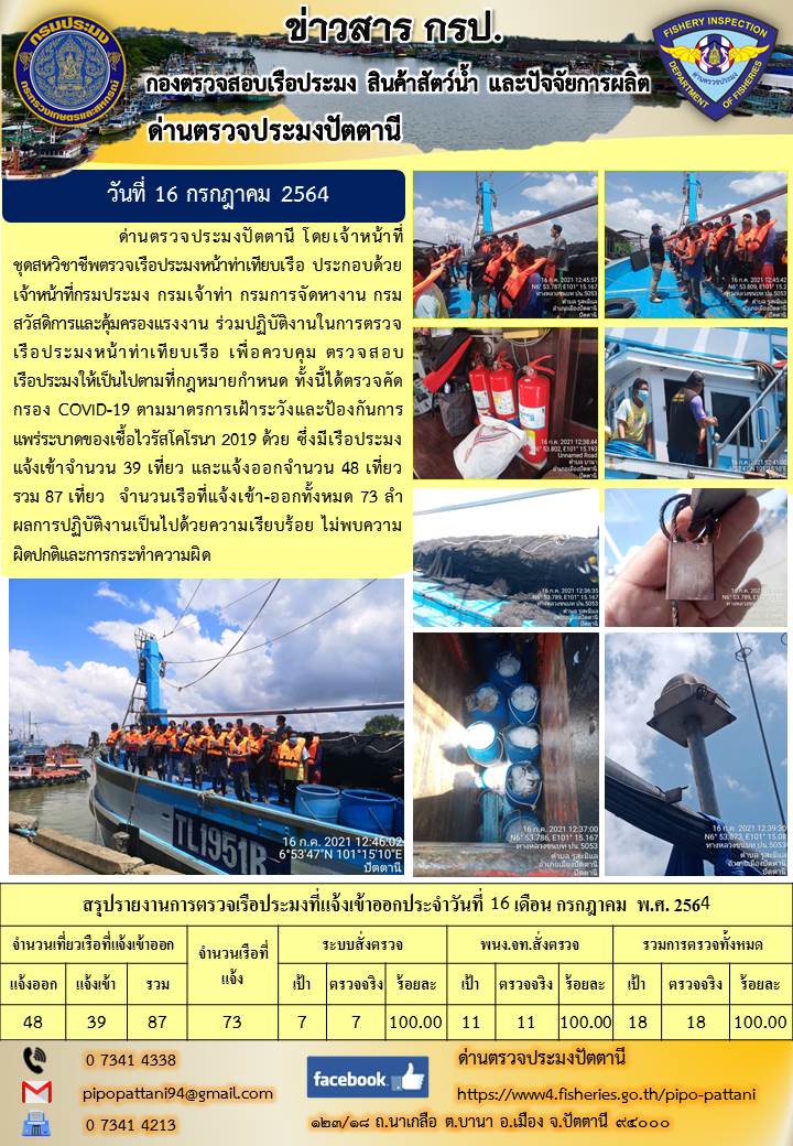 ข่าวสารการปฏิบัติงาน ด่านตรวจประมงปัตตานี 16 ก.ค.64..คลิก