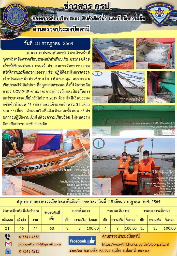 ข่าวสารการปฏิบัติงาน ด่านตรวจประมงปัตตานี 18 ก.ค.64..คลิก