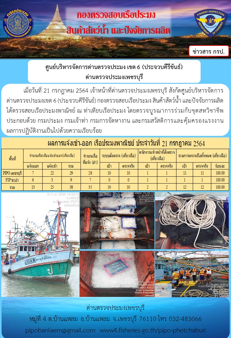 ข่าวประชาสัมพันธ์ ด่านตรวจประมงเพชรบุรี สถิติเรือที่แจ้งเข้า - ออก ประจำวันที่ 21 ก.ค. 2564..คลิก