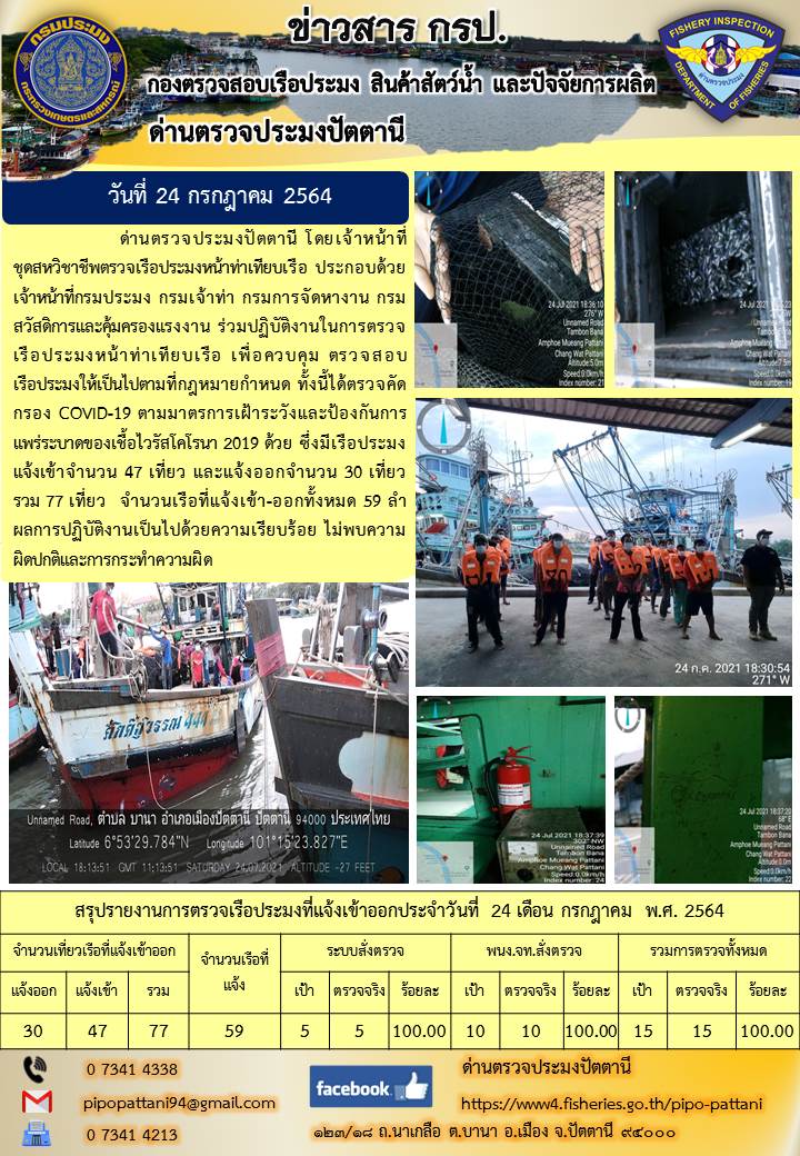 ข่าวสารการปฏิบัติงาน ด่านตรวจประมงปัตตานี 24 ก.ค.64..คลิก