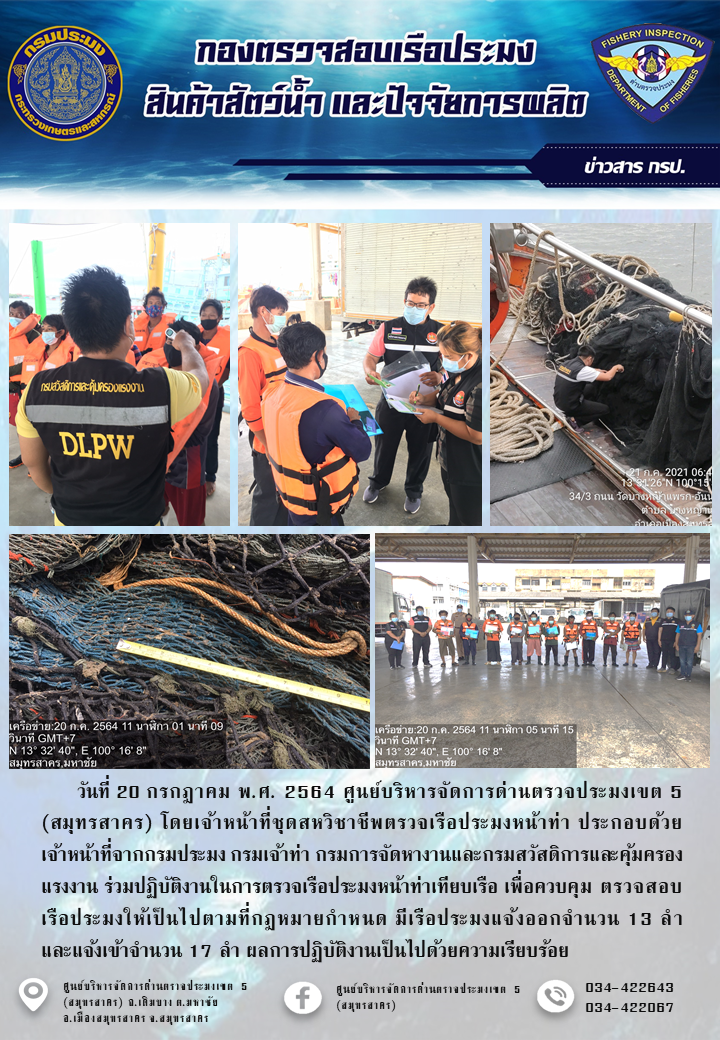 รายงานการตรวจเรือประมงที่แจ้งเข้าออกประจำวันที่ 20 กรกฎาคม 2564..คลิก