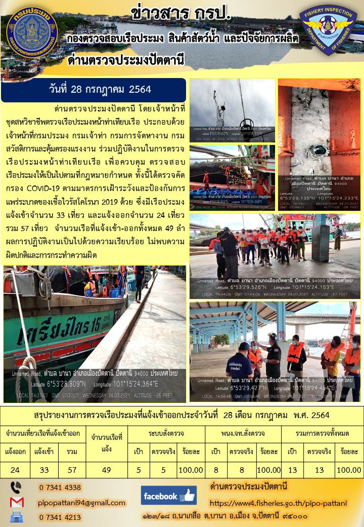 ข่าวสารการปฏิบัติงาน ด่านตรวจประมงปัตตานี 28 ก.ค.64..คลิก