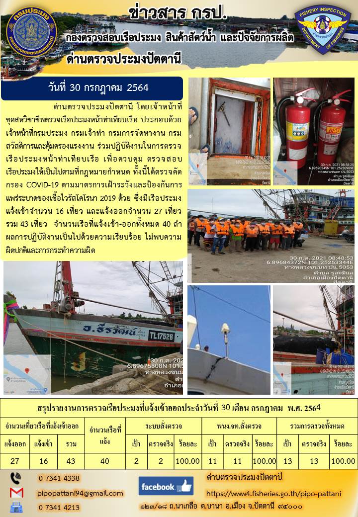 ข่าวสารการปฏิบัติงาน ด่านตรวจประมงปัตตานี 30 ก.ค. 64..คลิก