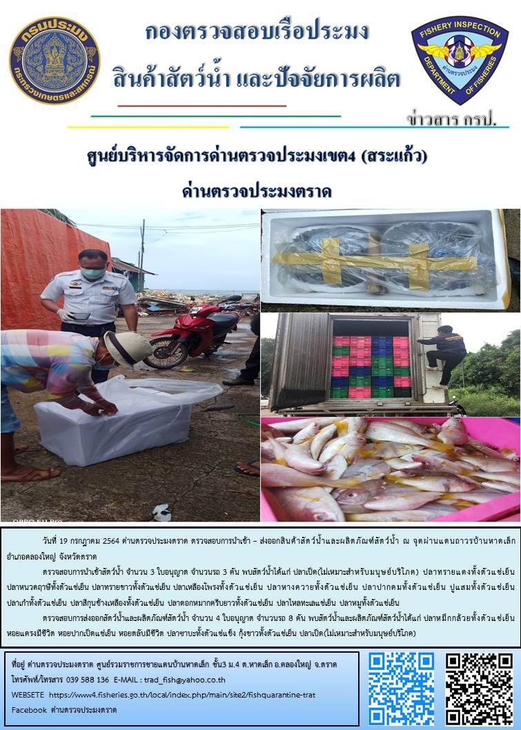 วันที่ 19 กรกฎาคม 2564 ด่านตรวจประมงตราด  ตรวจสอบการนำเข้า – ส่งออกสินค้าสัตว์น้ำและผลิตภัณฑ์สัตว์น้ำ ณ จุดผ่านแดนถาวรบ้านหาดเล็ก อำเภอคลองใหญ่ จังหวัดตราด และ ตรวจสอบเรือประมงไทย ที่แจ้งเข้า - ออกผ่านระบบ Fishing info2 ร่วมกับชุดสหวิชาชีพ กรมเจ้าท่า กรมจัดหางาน กรมสวัสดิการ และคุ้มครองแผนงาน และล่ามภาษากัมพูชา เขตพื้นที่อำเภอคลองใหญ่ อำเภอเมืองและอำเภอแหลมงอบ จังหวัดตราด..คลิก