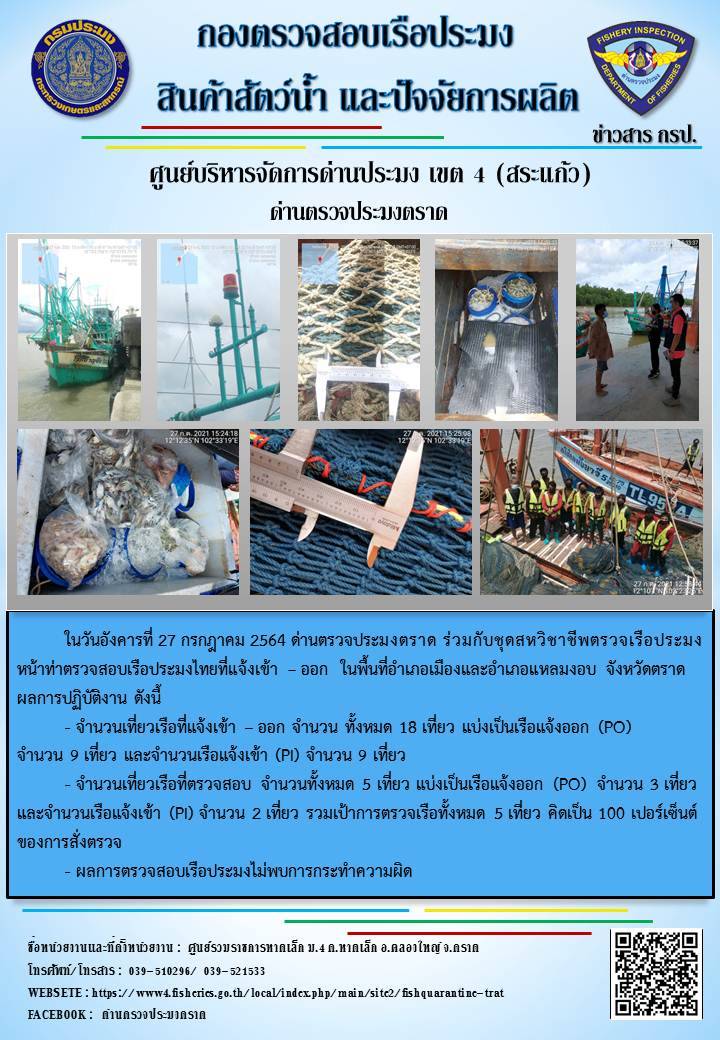 วันที่ 27 กรกฎาคม 2564 ด่านตรวจประมงตราด  ตรวจสอบการนำเข้า – ส่งออกสินค้าสัตว์น้ำและผลิตภัณฑ์สัตว์น้ำ ณ จุดผ่านแดนถาวรบ้านหาดเล็ก  ตรวจสอบเรือประมงต่างประเทศ จุด choke point ท่าเทียบเรือกัลปังหา อำเภอคลองใหญ่ จังหวัดตราด และ ตรวจสอบเรือประมงไทย ที่แจ้งเข้า - ออกผ่านระบบ Fishing info2 ร่วมกับชุดสหวิชาชีพ กรมเจ้าท่า กรมจัดหางาน กรมสวัสดิการ และคุ้มครองแผนงาน และล่ามภาษากัมพูชา เขตพื้นที่อำเภอคลองใหญ่ อำเภอเมืองและอำเภอแหลมงอบ จังหวัดตราด..คลิก