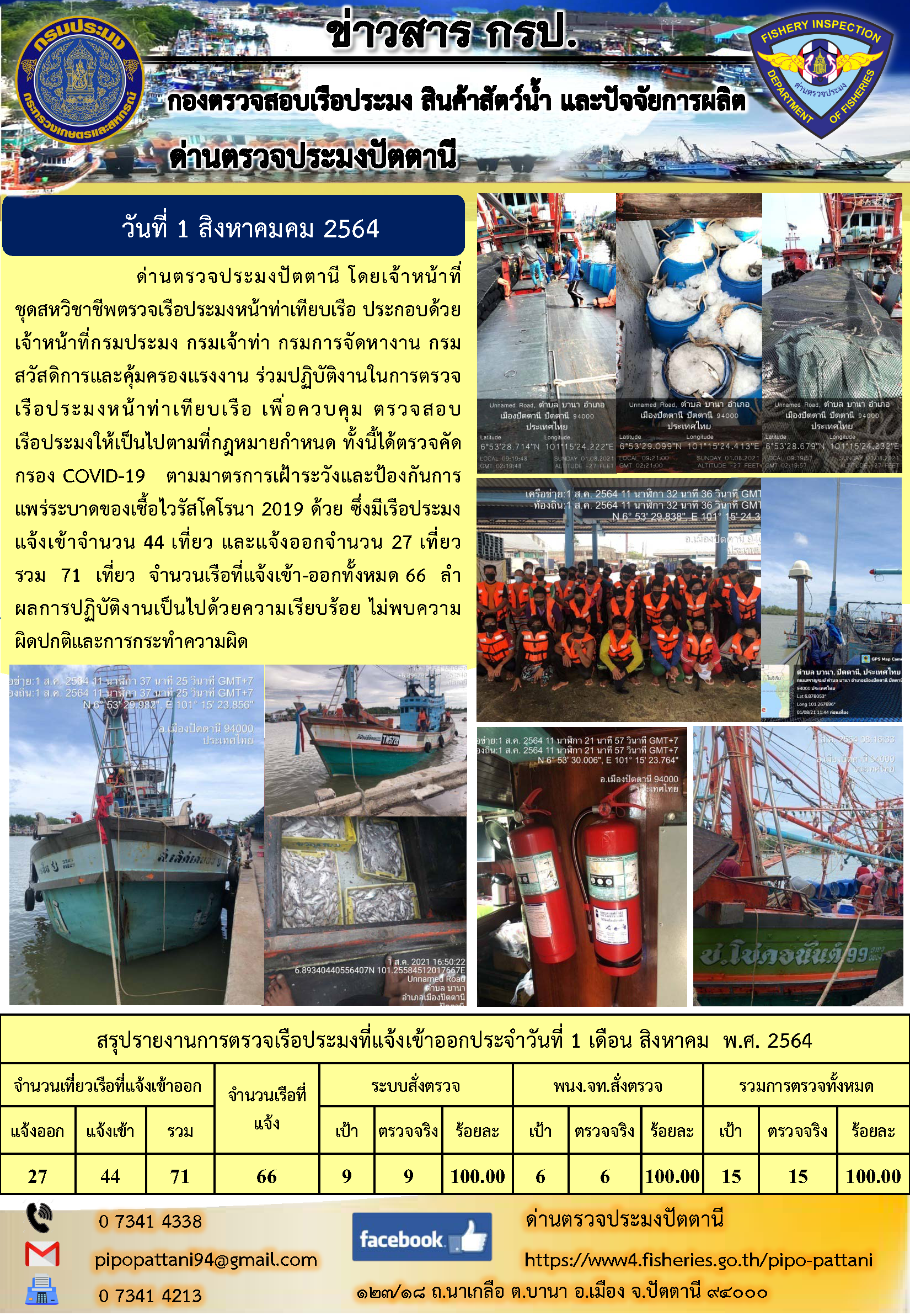 ข่าวสารการปฏิบัติงาน ด่านตรวจประมงปัตตานี 1 ส.ค. 64..คลิก