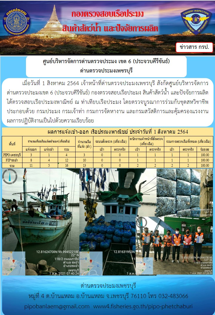 ข่าวประชาสัมพันธ์ ด่านตรวจประมงเพชรบุรี สถิติเรือที่แจ้งเข้า - ออก ประจำวันที่ 1 ส.ค. 2564..คลิก
