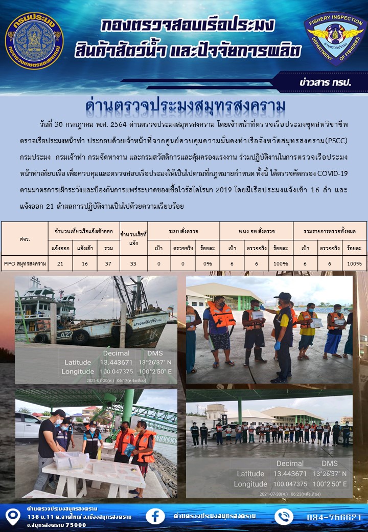 สถิติการแจ้งเข้า - ออกเรือประมงพาณิชย์ ด่านตรวจประมงสมุทรสงคราม ประจำวันที่ 30 กรกฎาคม 2564..คลิก