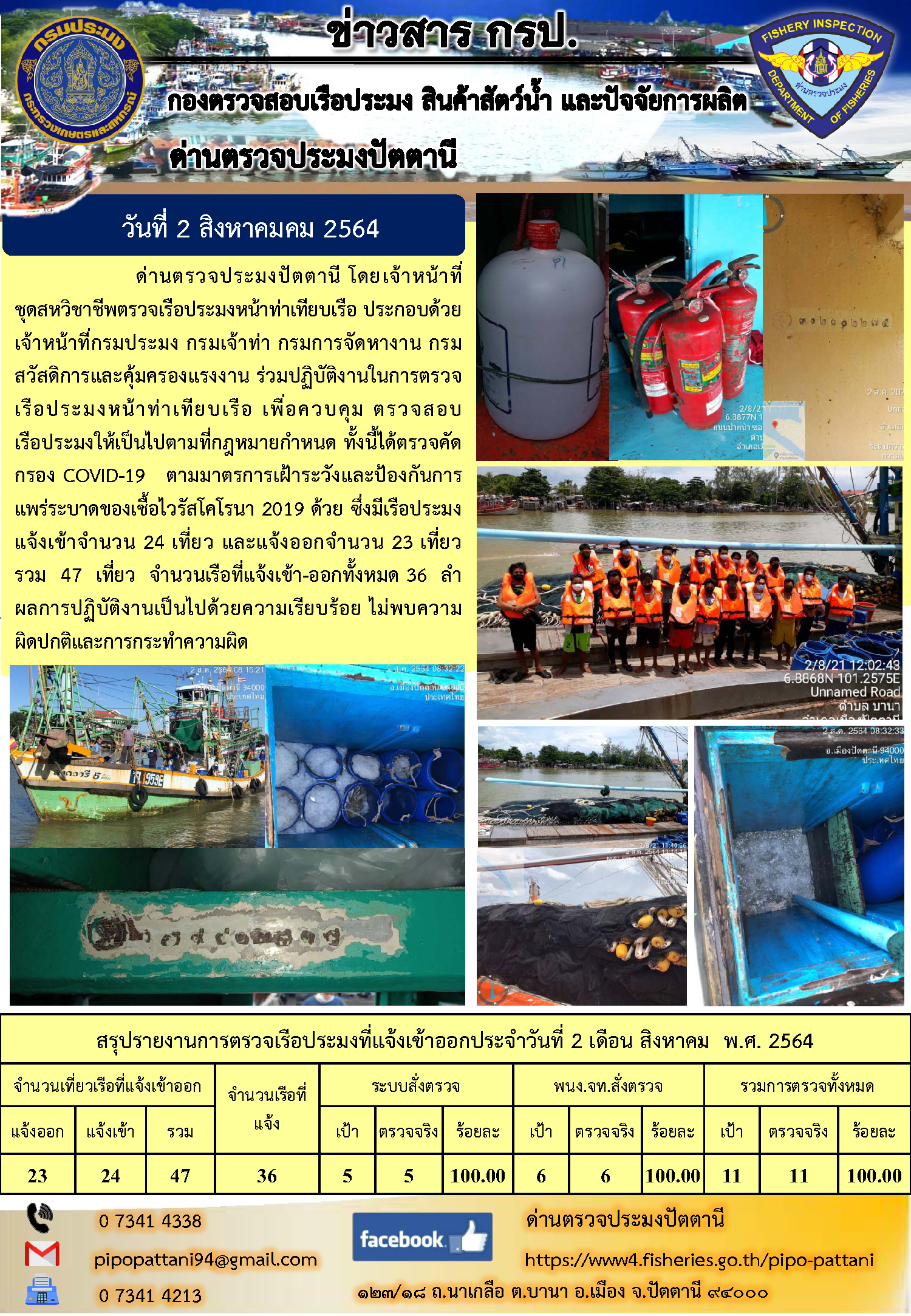ข่าวสารการปฏิบัติงาน ด่านตรวจประมงปัตตานี 2 ส.ค. 64..คลิก