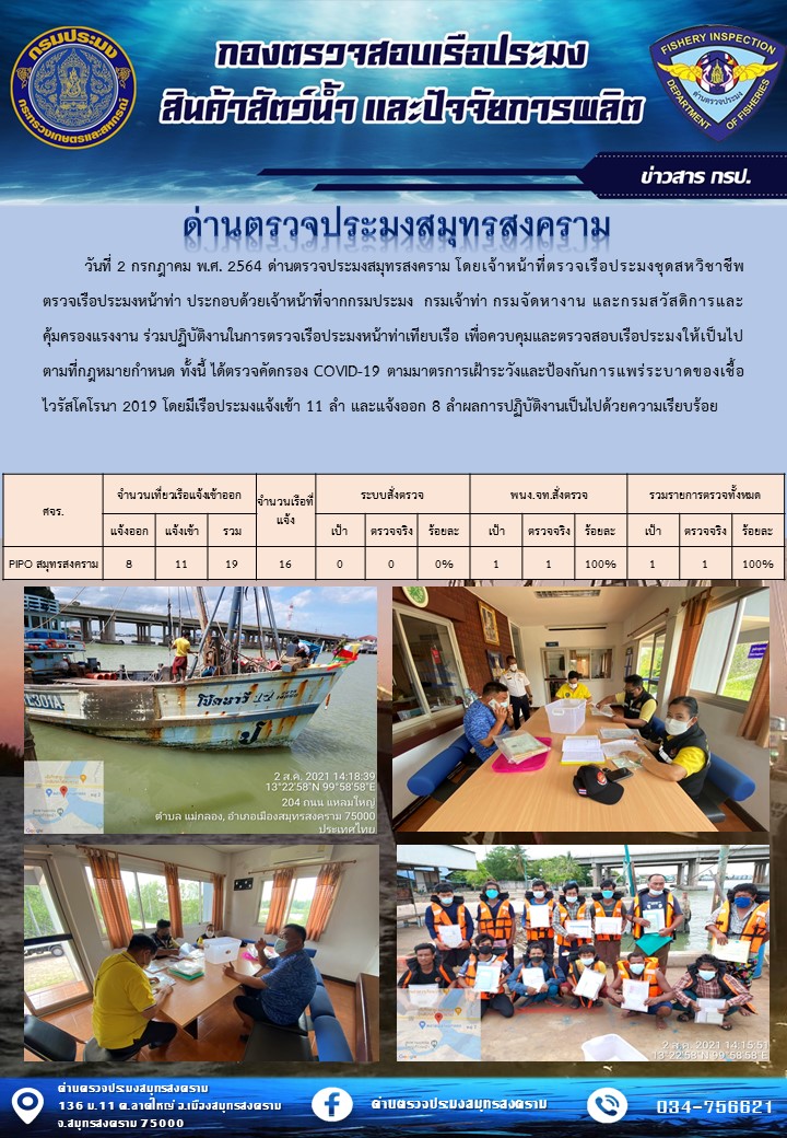 สถิติการแจ้งเข้า - ออกเรือประมงพาณิชย์ ด่านตรวจประมงสมุทรสงคราม ประจำวันที่ 2 สิงหาคม 2564..คลิก
