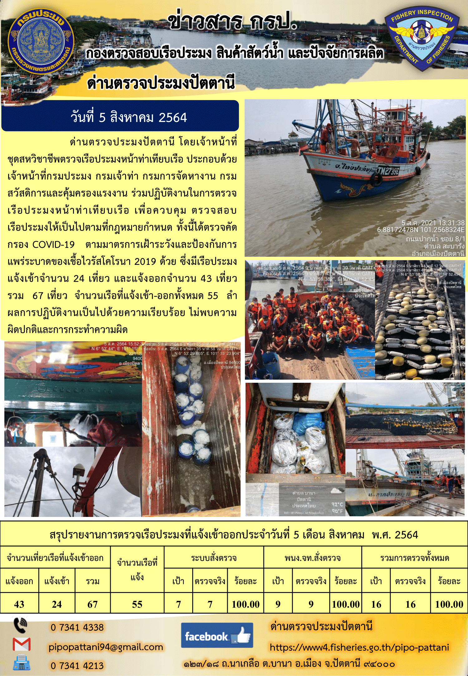 ข่าวสารการปฏิบัติงาน ด่านตรวจประมงปัตตานี 5 ส.ค.64..คลิก
