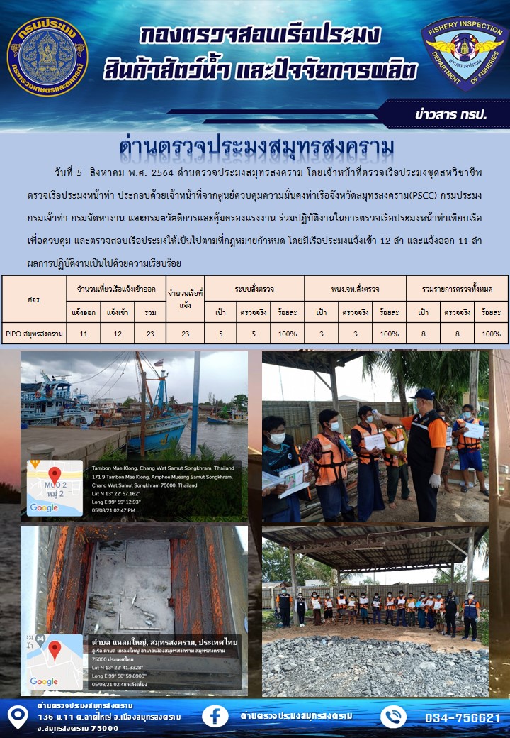 สถิติการแจ้งเข้า - ออกเรือประมงพาณิชย์ ด่านตรวจประมงสมุทรสงคราม ประจำวันที่ 5 สิงหาคม 2564..คลิก