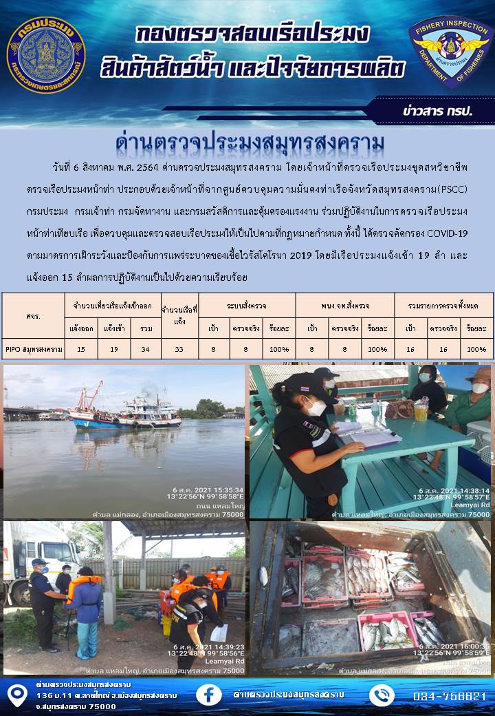 สถิติการแจ้งเข้า - ออกเรือประมงพาณิชย์ ด่านตรวจประมงสมุทรสงคราม ประจำวันที่ 6 สิงหาคม 2564..คลิก