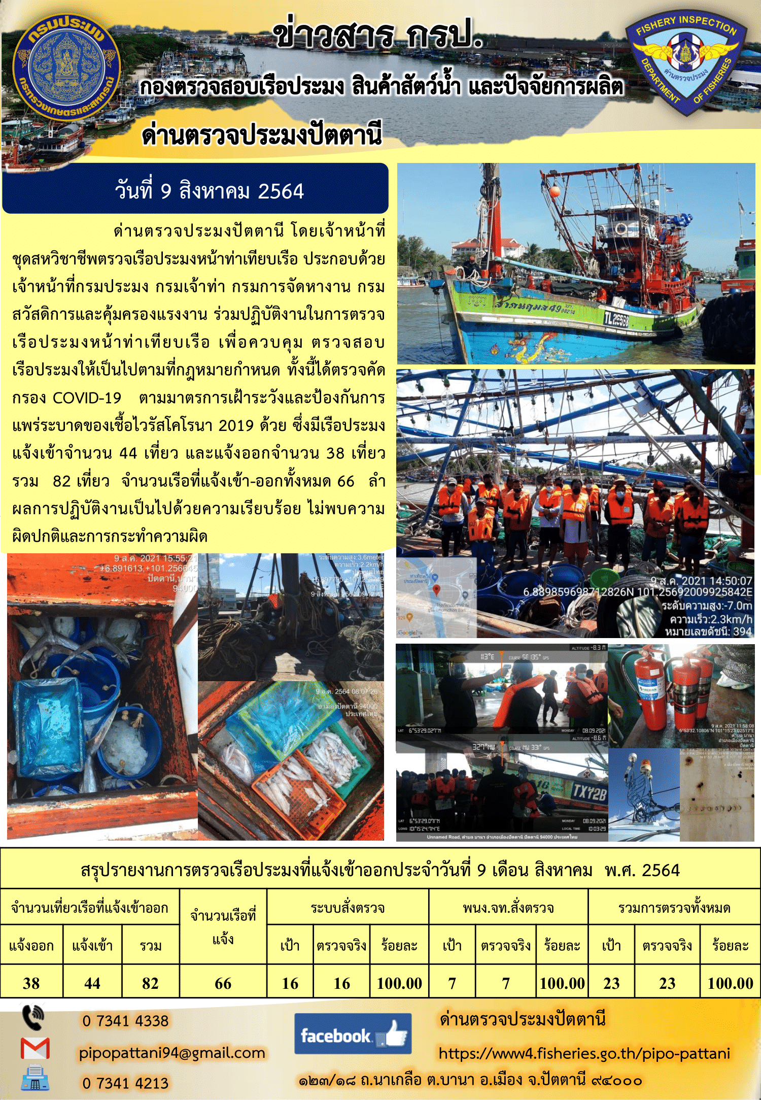 ข่าวสารการปฏิบัติงาน ด่านตรวจประมงปัตตานี 9 ส.ค. 64..คลิก