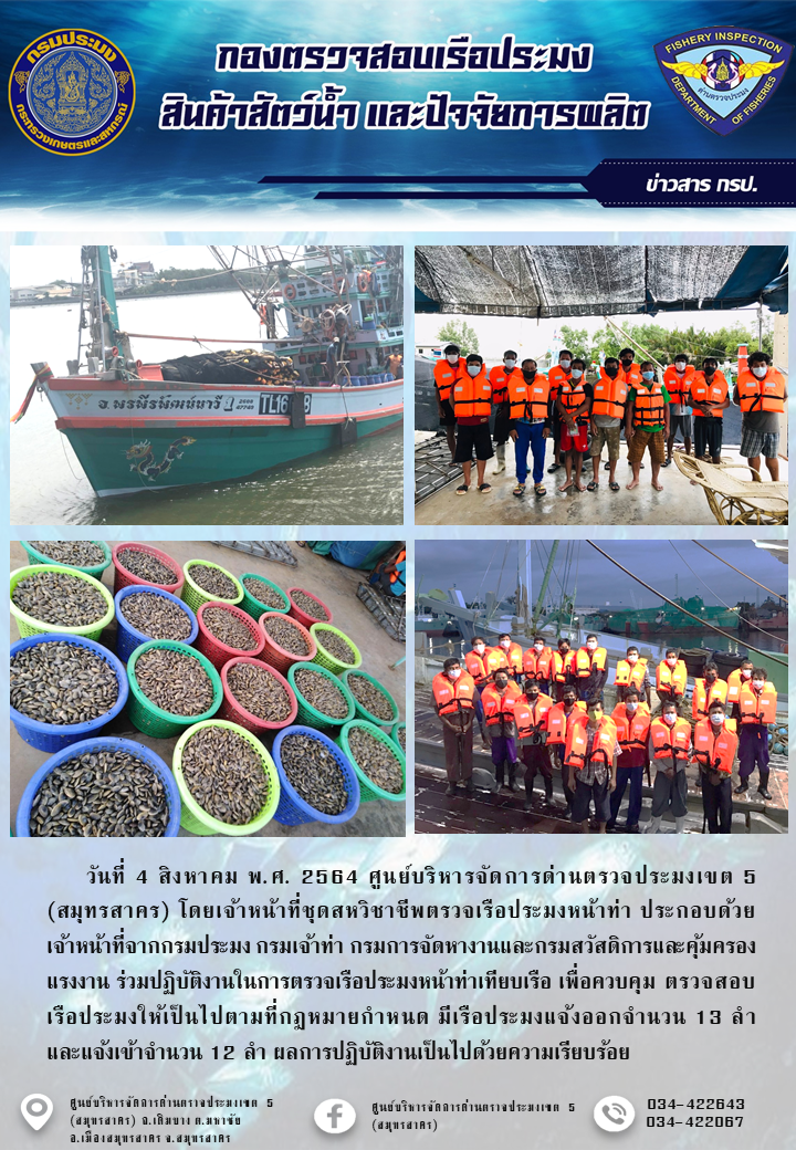รายงานการตรวจเรือประมงที่แจ้งเข้าออกประจำวันที่ 4 สิงหาคม 2564..คลิก