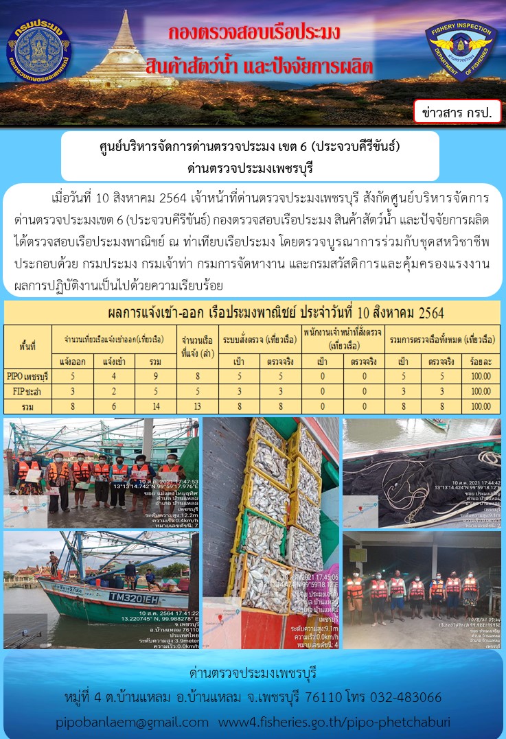 ข่าวประชาสัมพันธ์ ด่านตรวจประมงเพชรบุรี สถิติเรือที่แจ้งเข้า - ออก ประจำวันที่ 10 ส.ค. 2564..คลิก
