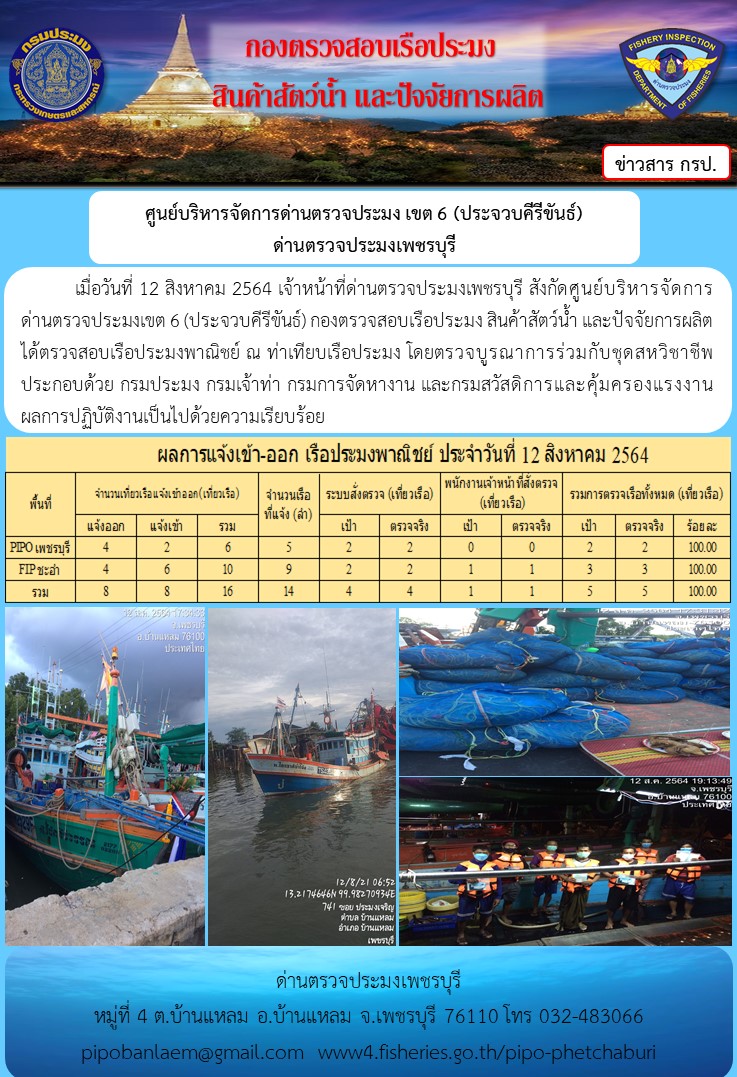 ข่าวประชาสัมพันธ์ ด่านตรวจประมงเพชรบุรี สถิติเรือที่แจ้งเข้า - ออก ประจำวันที่ 12 ส.ค. 2564..คลิก