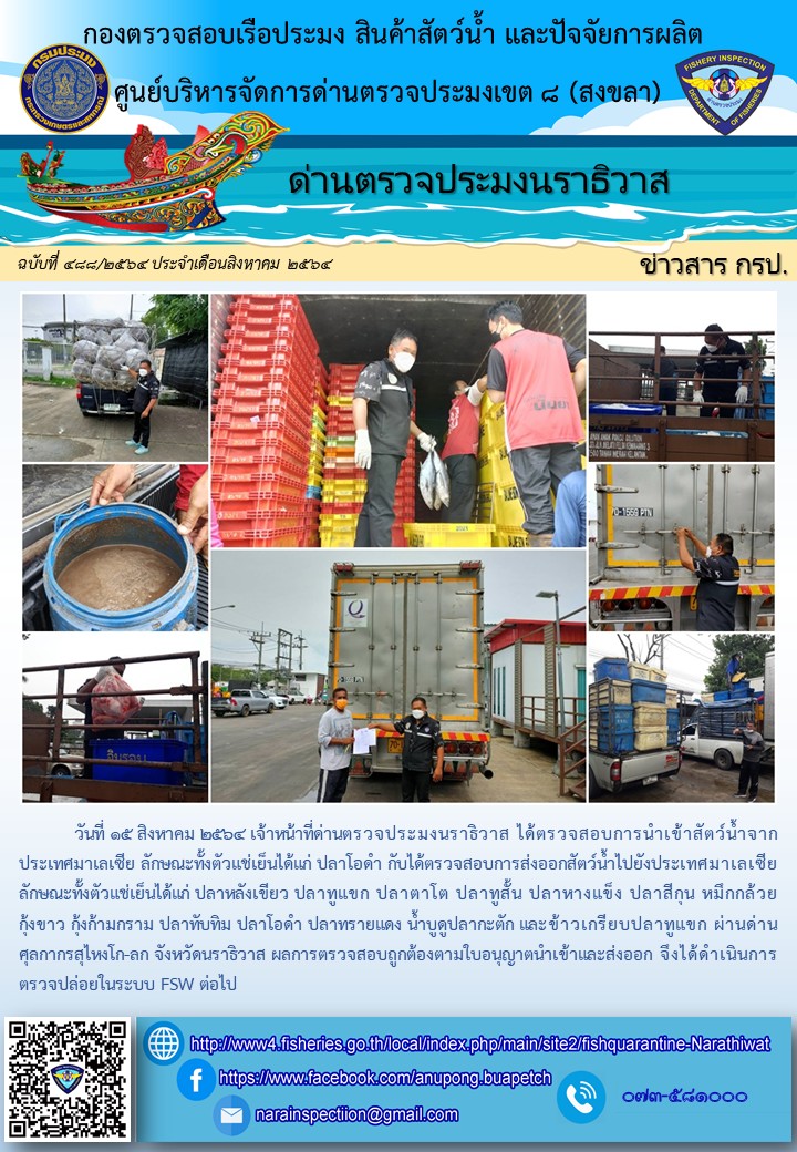 ประชาสัมพันธ์ด่านตรวจประมงนราธิวาส ประจำวันที่ 15 สิงหาคม 2564..คลิก