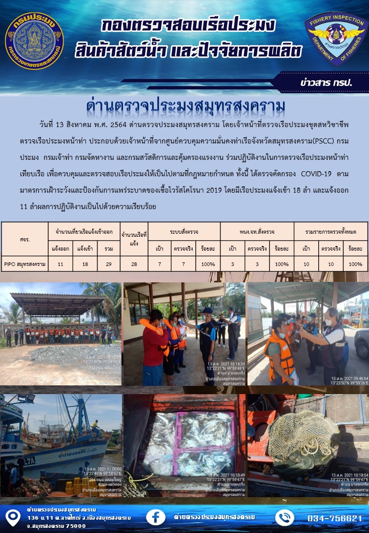 สถิติการแจ้งเข้า - ออกเรือประมงพาณิชย์ ด่านตรวจประมงสมุทรสงคราม ประจำวันที่ 13 สิงหาคม 2564..คลิก