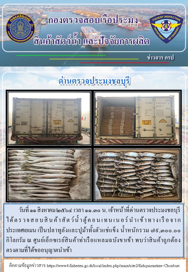 การปฏิบัติงานของเจ้าหน้าที่ด่านตรวจประมงชลบุรีประจำวันที่ 11 สิงหาคม 2564..คลิก