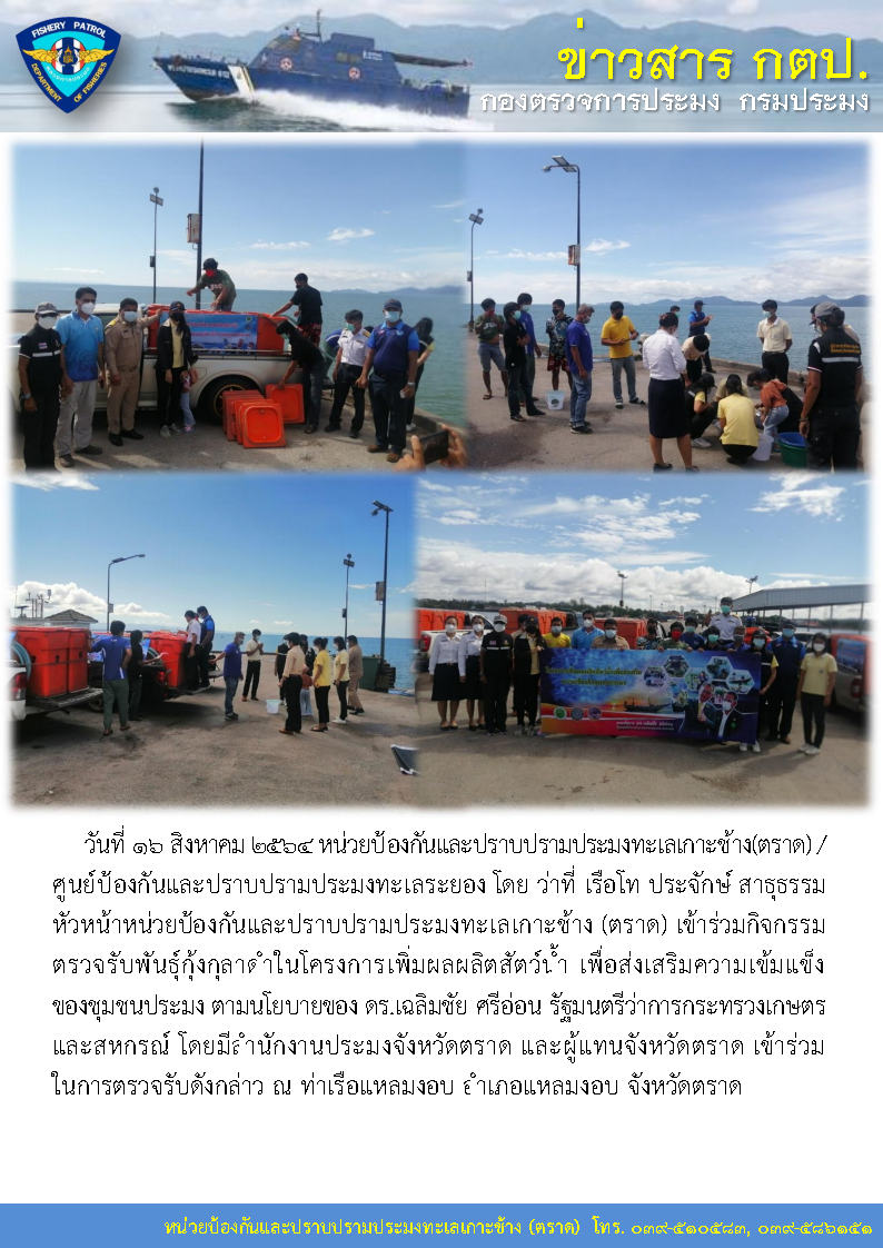 หน่วยป้องกันและปราบปรามประมงทะเลเกาะช้าง(ตราด) ร่วมตรวจรับพันธุ์กุ้งกุลาดำในโครงการเพิ่มผลผลิตสัตว์น้ำ เพื่อส่งเสริมความเข้มแข็งของชุมชนประมง