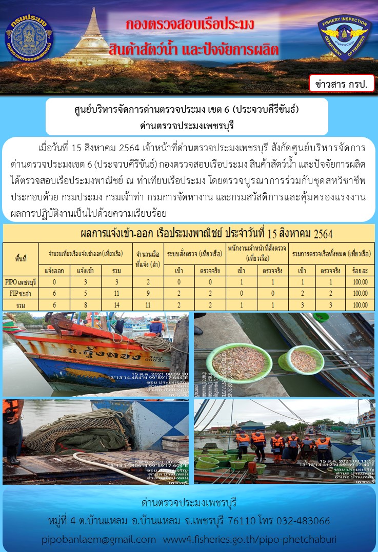 ข่าวประชาสัมพันธ์ ด่านตรวจประมงเพชรบุรี สถิติเรือที่แจ้งเข้า - ออก ประจำวันที่ 15 ส.ค. 2564..คลิก