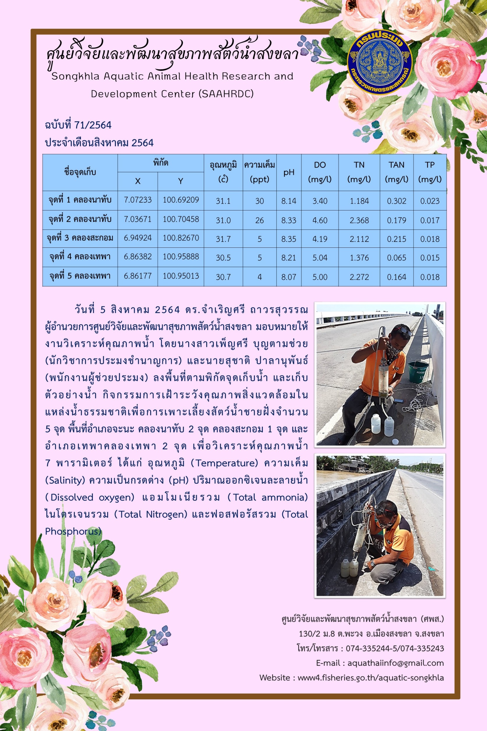 ฉบับที่ 71/2564 ศูนย์วิจัยและพัฒนาสุขภาพสัตว์น้ำสงขลา ลงพื้นที่ตามพิกัดจุดเก็บน้ำ และเก็บ ตัวอย่างน้ำ กิจกรรมการเฝ้าระวังคุณภาพสิ่งแวดล้อมใน แหล่งน้ำธรรมชาติเพื่อการเพาะเลี้ยงสัตว์น้ำชายฝั่ง..คลิก