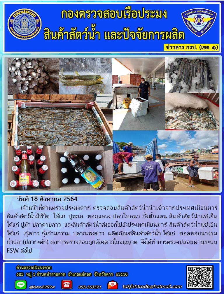 วันที่ 18 สิงหาคม 2564   	เจ้าหน้าที่ด่านตรวจประมงตาก ตรวจสอบสินค้าสัตว์น้ำนำเข้าจากประเทศเมียนมาร์  สินค้าสัตว์น้ำมีชีวิต  ได้แก่  ปูทะเล  หอยแครง ปลาไหลนา กั้งตั๊กแตน สินค้าสัตว์น้ำแช่เย็น ได้แก่ ปูม้า ปลาดาบลาว  และสินค้าสัตว์น้ำส่งออกไปยังประเทศเมียนมาร์ สินค้าสัตว์น้ำแช่เย็น ได้แก่   กุ้งขาว กุ้งก้ามกราม  ปลากะพงขาว  ผลิตภัณฑ์สินค้าสัตว์น้ำ ได้แก่  ซอสหอยนางรม    น้ำปลา(ปลากะตัก) ผลการตรวจสอบถูกต้องตามใบอนุญาต  จึงได้ทำการตรวจปล่อยผ่านระบบ FSW ต่อไป..คลิก
