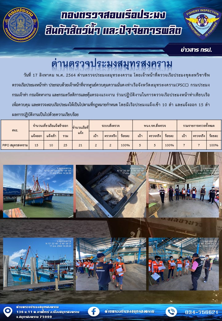 สถิติการแจ้งเข้า - ออกเรือประมงพาณิชย์ ด่านตรวจประมงสมุทรสงคราม ประจำวันที่ 17 สิงหาคม 2564..คลิก