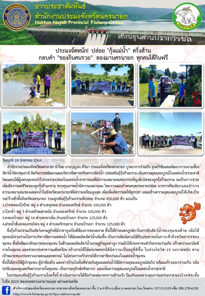 ประมงจัดหนัก! ปล่อย กุ้งแม่น้ำ ครึ่งล้าน กลบคำ ของกินคนรวย ลองมานครนายก ทุกคนได้กินฟรี..คลิก