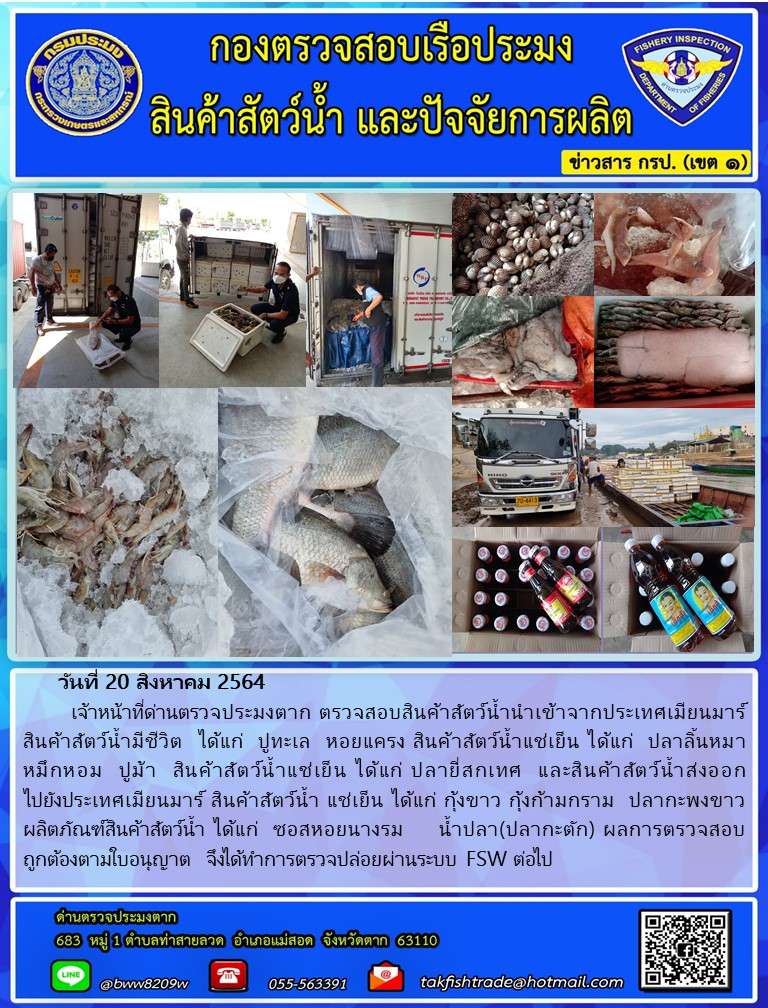 วันที่ 20 สิงหาคม 2564   	เจ้าหน้าที่ด่านตรวจประมงตาก ตรวจสอบสินค้าสัตว์น้ำนำเข้าจากประเทศเมียนมาร์  สินค้าสัตว์น้ำมีชีวิต  ได้แก่  ปูทะเล  หอยแครง สินค้าสัตว์น้ำแช่เย็น ได้แก่  ปลาลิ้นหมา      หมึกหอม  ปูม้า  สินค้าสัตว์น้ำแช่เย็น ได้แก่ ปลายี่สกเทศ  และสินค้าสัตว์น้ำส่งออก             ไปยังประเทศเมียนมาร์ สินค้าสัตว์น้ำ แช่เย็น ได้แก่ กุ้งขาว กุ้งก้ามกราม  ปลากะพงขาว  ผลิตภัณฑ์สินค้าสัตว์น้ำ ได้แก่  ซอสหอยนางรม     น้ำปลา(ปลากะตัก) ผลการตรวจสอบถูกต้องตามใบอนุญาต  จึงได้ทำการตรวจปล่อยผ่านระบบ FSW ต่อไป..คลิก