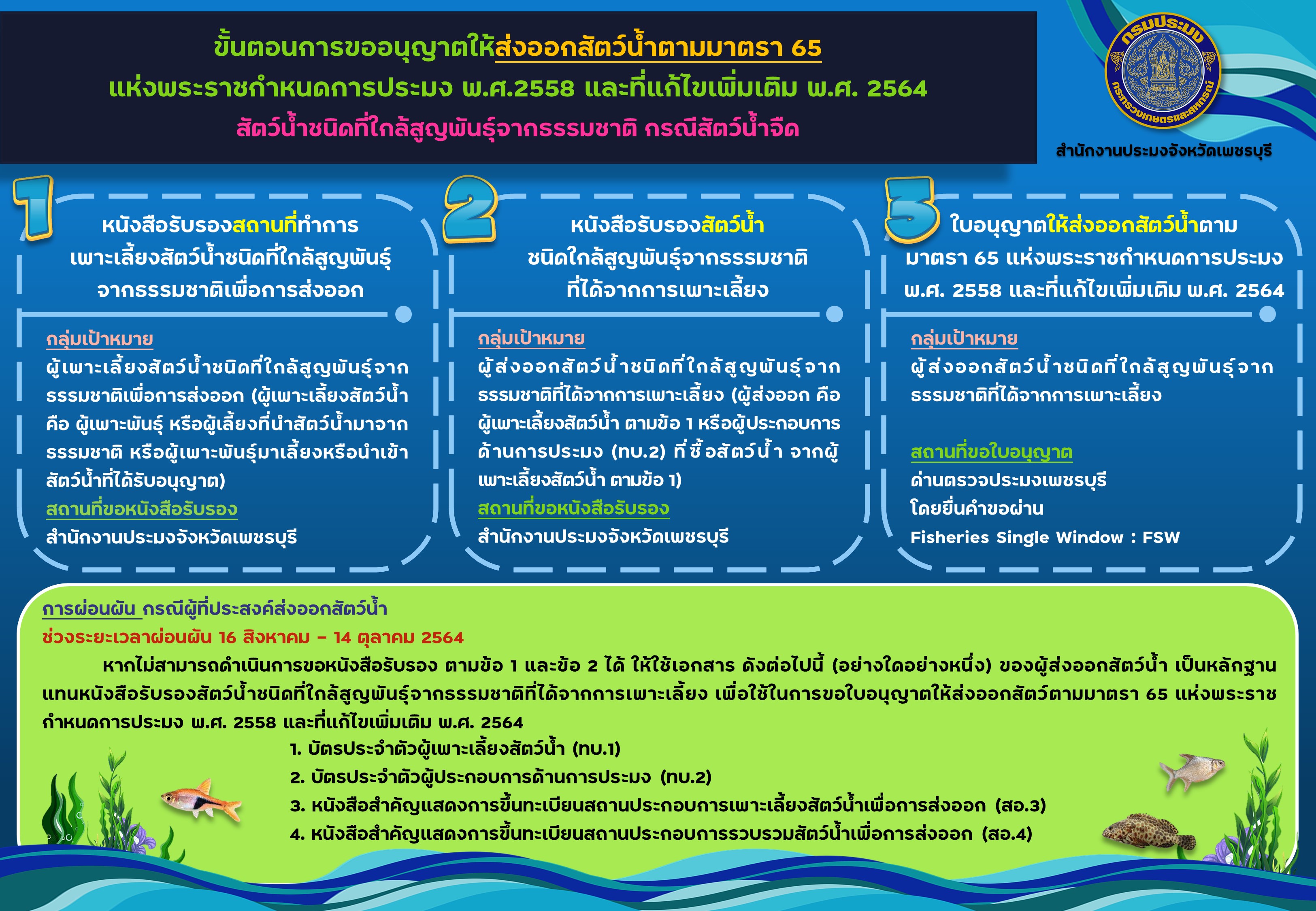 ขั้นตอนการขออนุญาตให้ส่งออกสัตว์น้ำตามมาตรา 65 แห่งพระราชกำหนดการประมง พ.ศ.2558 และที่แก้ไขเพิ่มเติม พ.ศ.2564..คลิก