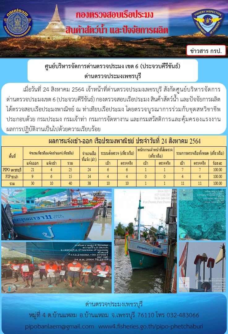 ข่าวประชาสัมพันธ์ ด่านตรวจประมงเพชรบุรี สถิติเรือที่แจ้งเข้า - ออก ประจำวันที่ 24 ส.ค. 2564..คลิก