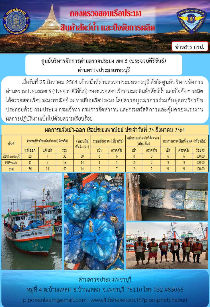 ข่าวประชาสัมพันธ์ ด่านตรวจประมงเพชรบุรี สถิติเรือที่แจ้งเข้า - ออก ประจำวันที่ 25 ส.ค. 2564..คลิก