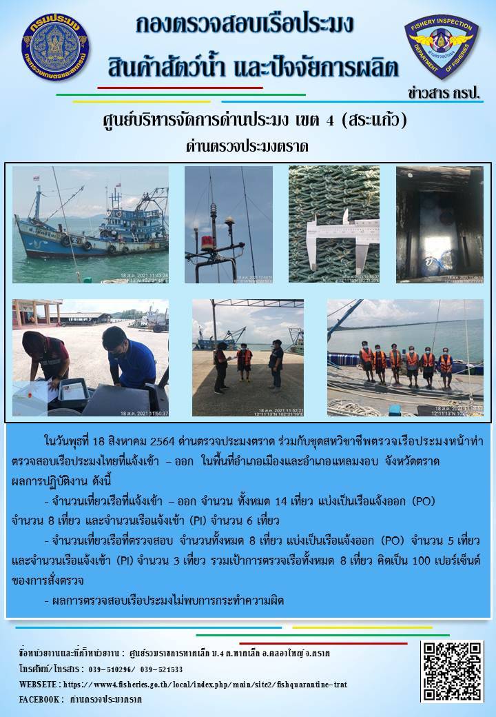 วันที่ 18 สิงหาคม 2564 ด่านตรวจประมงตราด  ตรวจสอบการนำเข้า – ส่งออกสินค้าสัตว์น้ำและผลิตภัณฑ์สัตว์น้ำ ณ จุดผ่านแดนถาวรบ้านหาดเล็ก ตรวจสอบการส่งออกผลิตภัณฑ์สัตว์น้ำ ณ ท่าเทียบเรือ ส.กฤตรวัณ อำเภอคลองใหญ่ จังหวัดตราด และ ตรวจสอบเรือประมงไทย ที่แจ้งเข้า - ออกผ่านระบบ Fishing info2 ร่วมกับชุดสหวิชาชีพ ในเขตพื้นที่อำเภอเมืองและอำเภอแหลมงอบ จังหวัดตราด..คลิก