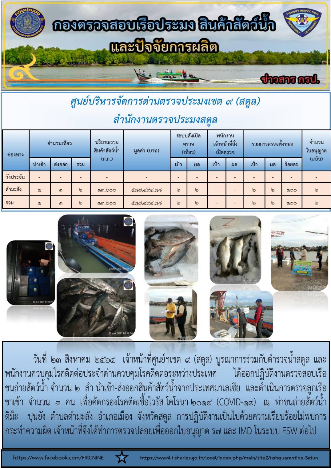 ประชาสัมพันธ์การปฏิบัติงานศูนย์บริหารจัดการด่านตรวจประมงเขต 9 (สตูล) ประจำวันที่ 20-25 สิงหาคม 2564..คลิก